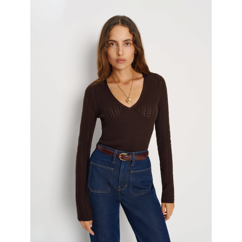 Reformation Krista Regenerative Merino V-Neck Pointelle Ribbed Sweater Brown M